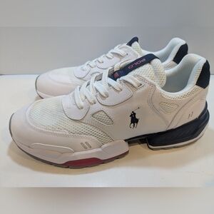 POLO RALPH LAUREN MENS JOGGER LEATHER /MESH SNEAKERS  WHITE/NAVY/RED SIZE 10